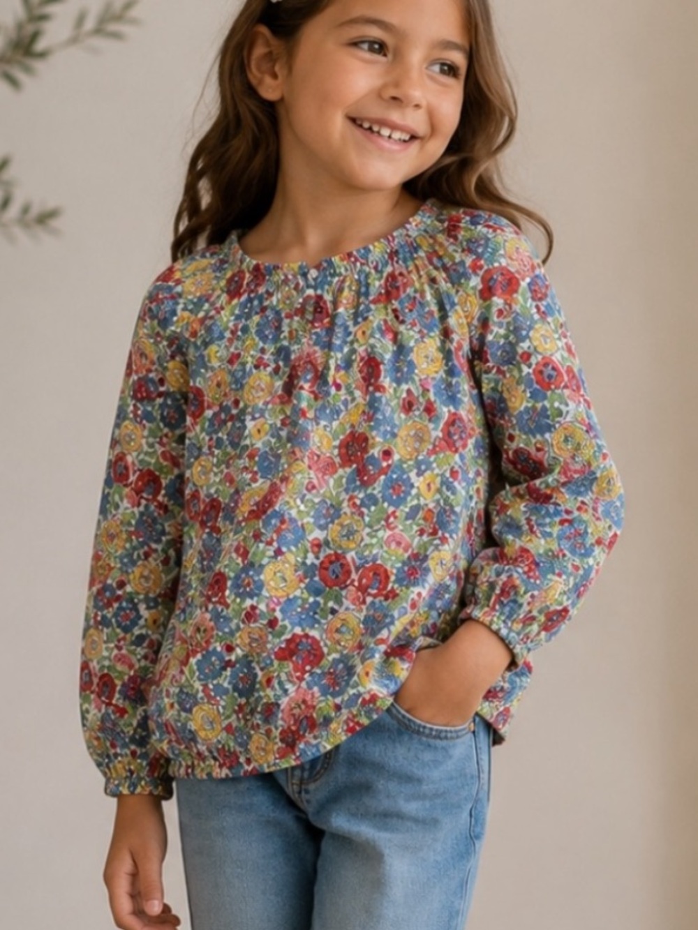 Ralph Lauren Garden Floral Peasant Blouse Gathered Neck Cotton Multicolor Size 6